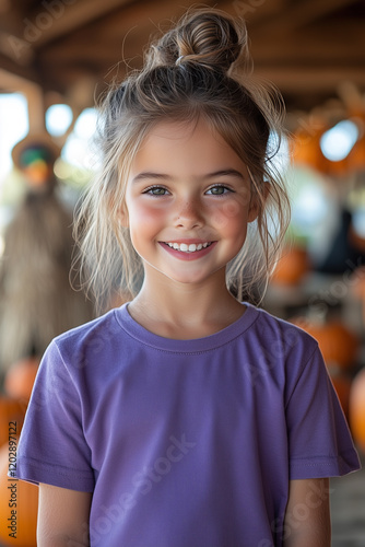 Young Happy Girl in Purple T-Shirt Posing Against Halloween Pumpkin Patch and Scarecrow Backdrop