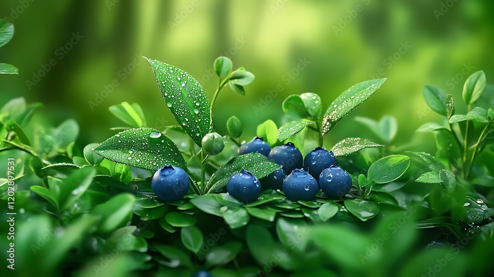 Juicy blueberries on bush in forest Juicy blueberries on bush in forest