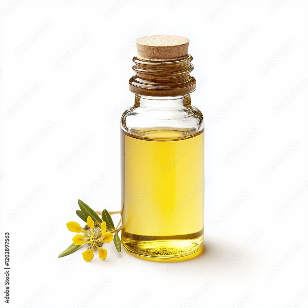 Small glass bottle with yellow liquid and a yellow flower beside it.