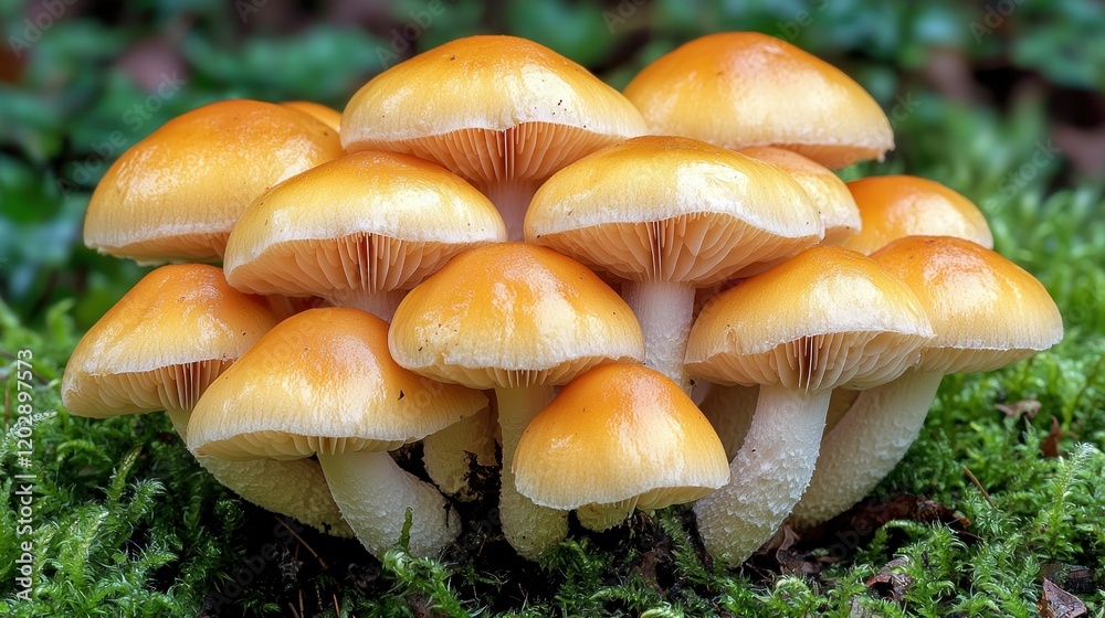 Golden mushrooms cluster on forest moss, blurred green background Golden mushrooms cluster on forest moss, blurred green background