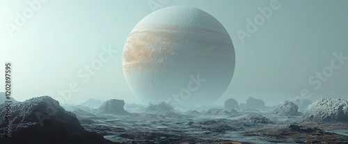 Giant planet looms over desolate, rocky alien landscape. photo