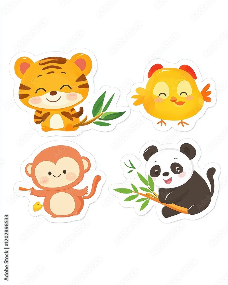 Adorable Cartoon Animals Stickers Set: Tiger, Chick, Monkey, Panda