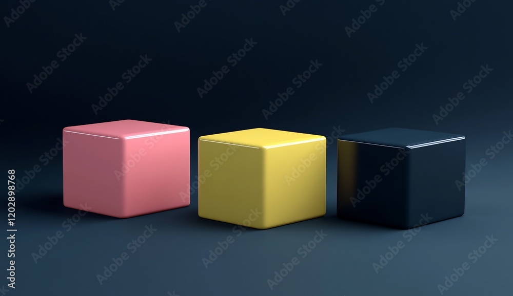 Obraz premium Three Colorful Cubes on Dark Background: Minimalist 3D Render