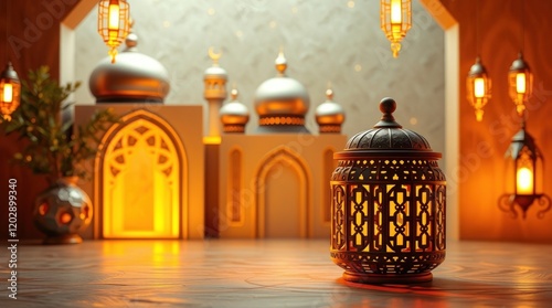 Ramadan Kareem background, 3D rendered, warm golden glow. Sculptural clay art style features an ornate Arabic lantern, metal moon, and mosque portal.