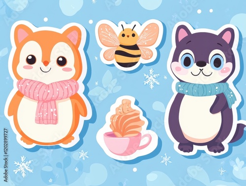 Adorable Winter Animals and Sweet Treats Stickers: Cute Cartoon Designs for Festive Season