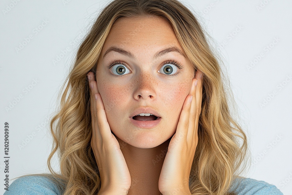 A surprised young woman with wavy hair, expressing shock or amazement. A surprised young woman with wavy hair, expressing shock or amazement.