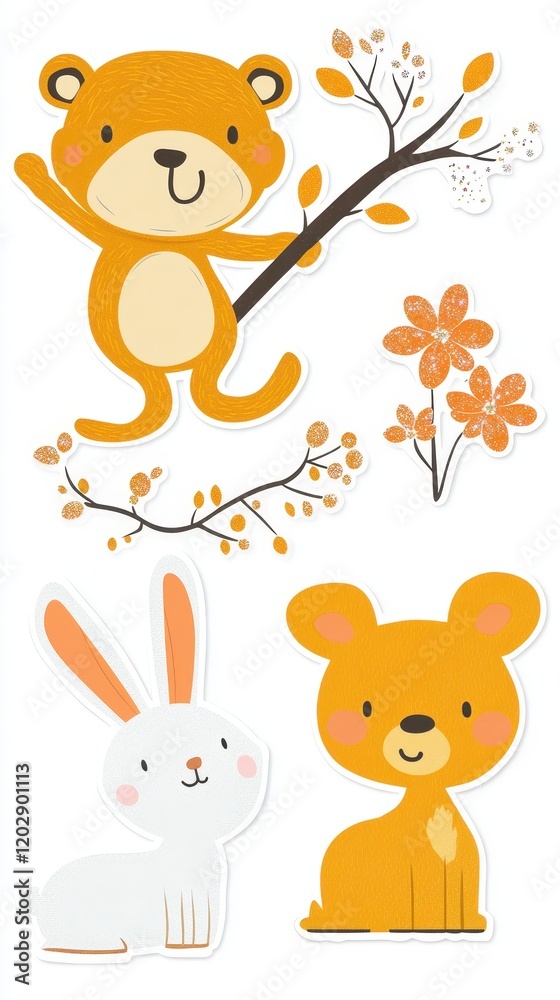 Obraz premium Adorable Autumn Animals: Playful Bears, Bunny and Blooming Branches Illustration