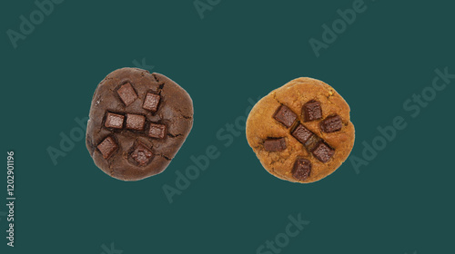 Two cookies sprinkled with chocolate on a dark green background.