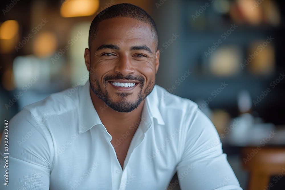Naklejka premium A smiling man in a casual setting, exuding confidence and warmth.