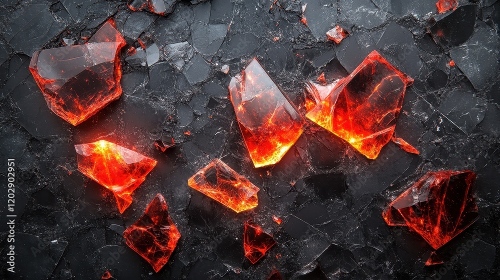 Glowing Red Crystals on Dark Surface Creating a Striking Contrast with Shattered Glass Effect Glowing Red Crystals on Dark Surface Creating a Striking Contrast with Shattered Glass Effect