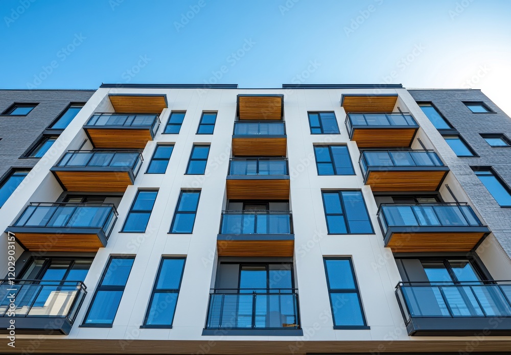 Modern Residential Building with Stylish Balconies Under Clear Blue Sky in Urban Setting Featuring Contemporary Architecture and Sleek Design Elements Modern Residential Building with Stylish Balconies Under Clear Blue Sky in Urban Setting Featuring Contemporary Architecture and Sleek Design Elements