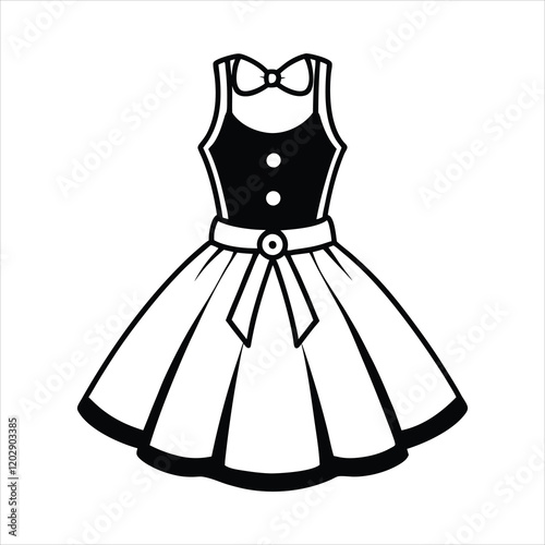 Vintage 1950s Dress Illustration with Sleeveless Top, Fitted Bodice, Flared Skirt, and Contrast Piping