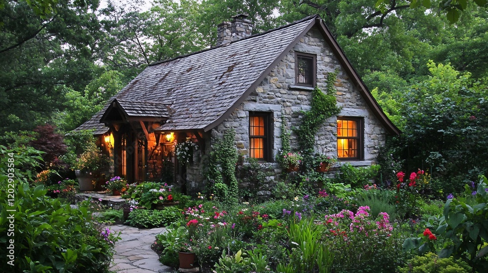 Fototapeta premium Charming Stone Cottage with Garden Path and Flowers