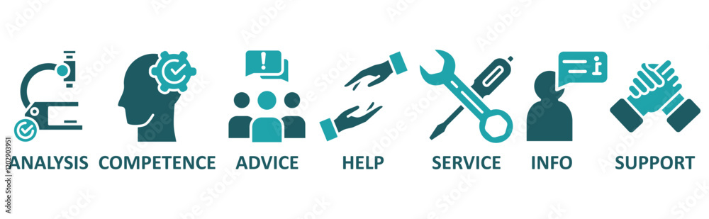 Problem solving icon set with icon of analysis, competence, advice, help, info, support	

