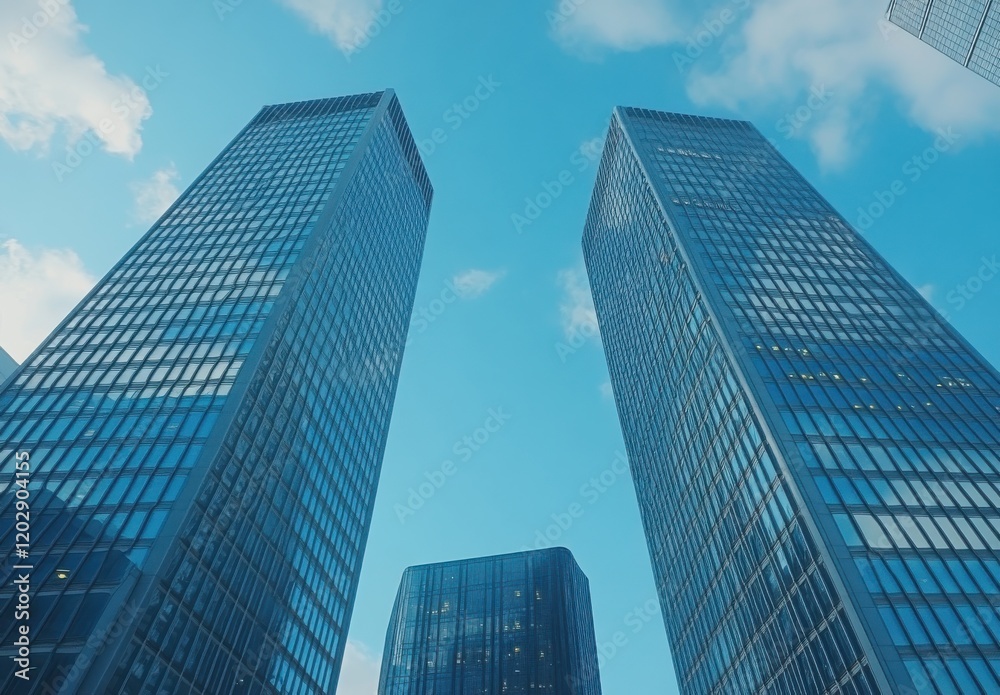Modern skyscrapers reaching towards the blue sky, showcasing reflective glass facades and contemporary architectural design in an urban environment full of light. Modern skyscrapers reaching towards the blue sky, showcasing reflective glass facades and contemporary architectural design in an urban environment full of light.