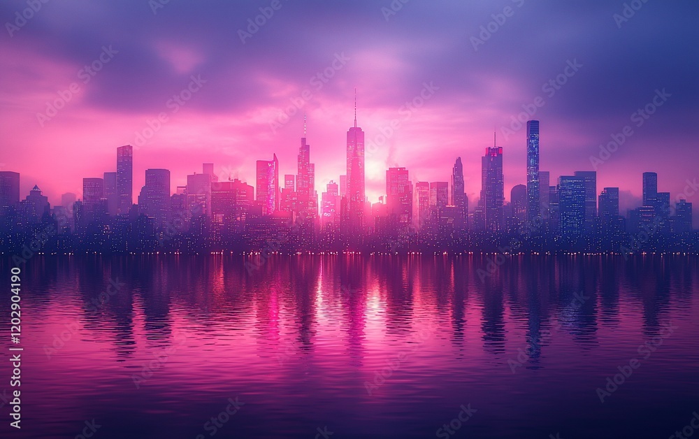 Vibrant city skyline at sunrise reflected in calm water. Vibrant city skyline at sunrise reflected in calm water.