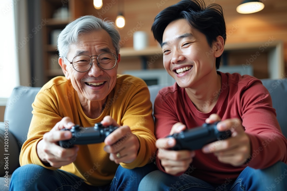 Joyful Interaction Between a Grandfather and Grandson Engaging in Video Gaming Together in a Cozy Living Room Joyful Interaction Between a Grandfather and Grandson Engaging in Video Gaming Together in a Cozy Living Room