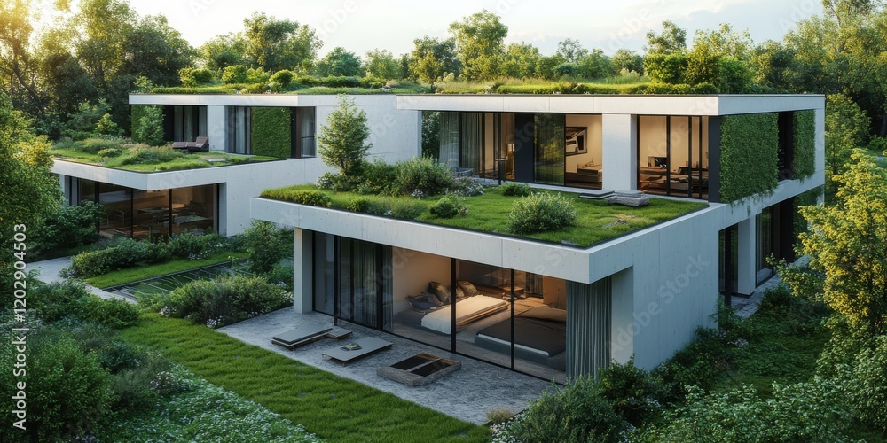 Fototapeta premium Modern sustainable eco-friendly houses with green roofs surrounded by lush greenery and natural landscape, showcasing innovative architecture and harmonious living with nature.