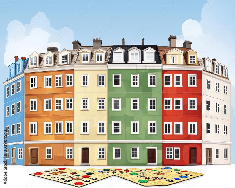 Fototapeta premium Colorful buildings in cityscape with game board in foreground