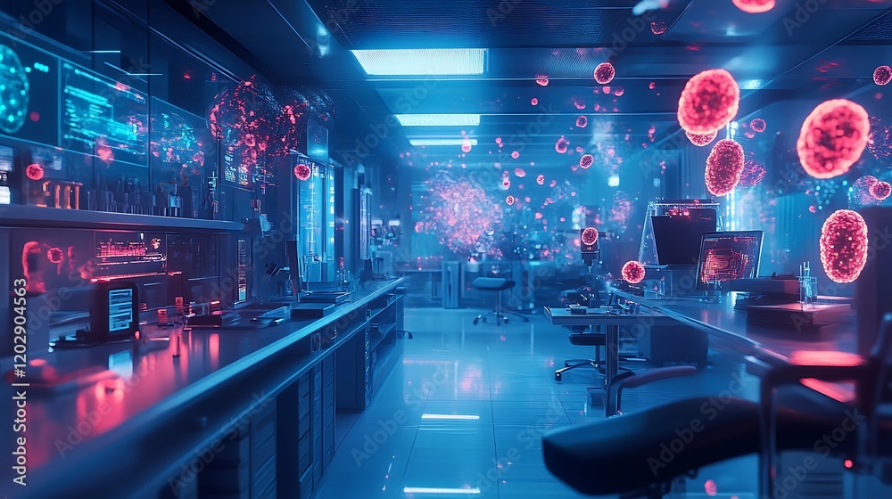 Futuristic laboratory interior with glowing red virus particles floating in the air, showcasing advanced research equipment and technology. Futuristic laboratory interior with glowing red virus particles floating in the air, showcasing advanced research equipment and technology.
