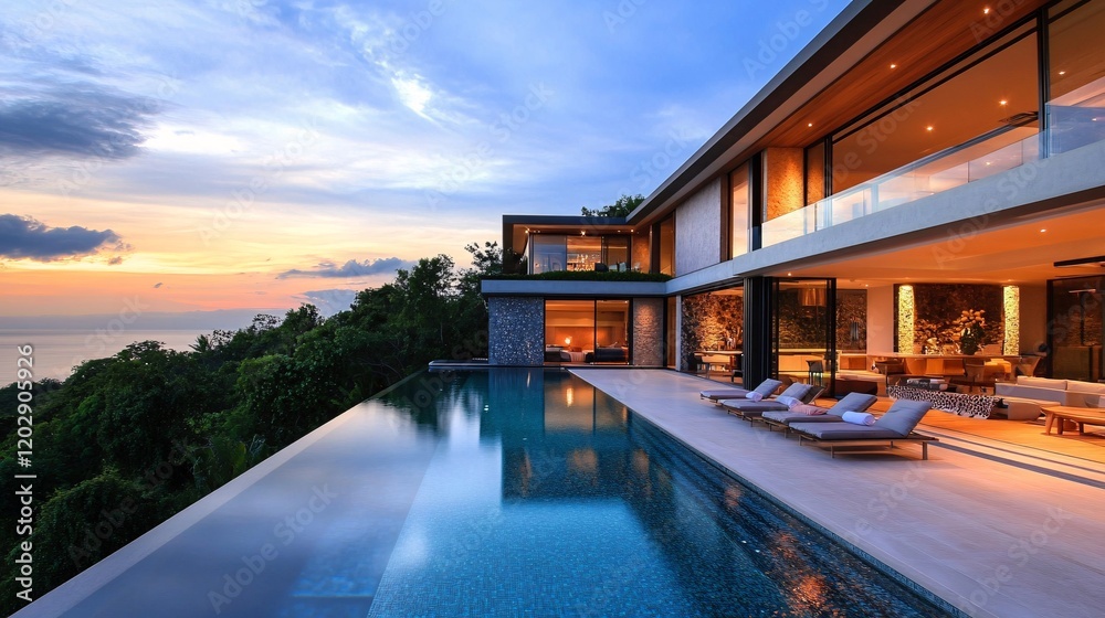 Luxurious Modern Villa with Infinity Pool and Ocean View at Sunset Luxurious Modern Villa with Infinity Pool and Ocean View at Sunset