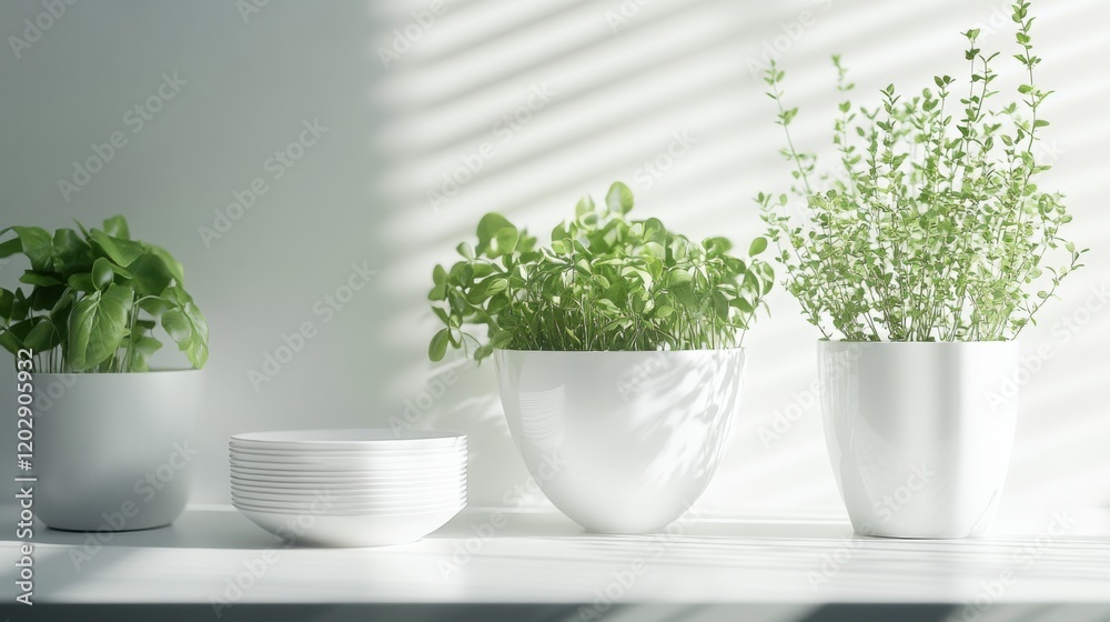 Fototapeta premium Fresh green herbs and plants in white pots on a sunlit table with shadows creating patterns