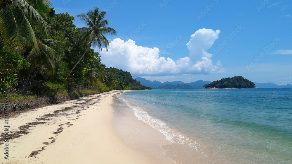 Tropical Sandy Beach with Soft Blue Ocean Waves and Clear Water Tropical Sandy Beach with Soft Blue Ocean Waves and Clear Water
