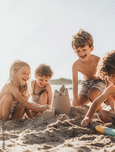 A group of kids building a sandcastle together, joyful laughter, natural sunlight, scenic beach background,