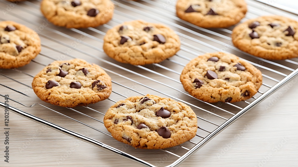 Freshly baked chocolate chip cookies cooling on a wire rack. Freshly baked chocolate chip cookies cooling on a wire rack.