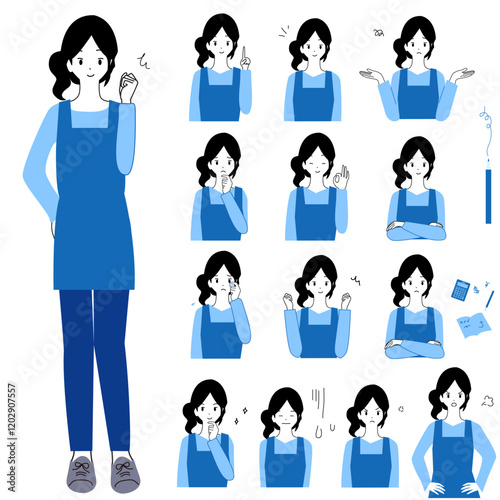 A set of illustrations of various expressions of a young woman's upper body. Joy, sorrow, and pleasure.