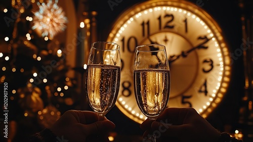 someone holding two glasses of champagne in front of a clock photo