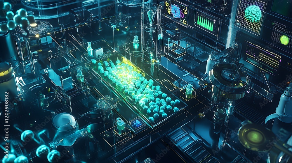 Fototapeta premium Futuristic laboratory scene with automated pill production line, glowing green pills, advanced technology, and digital interfaces.