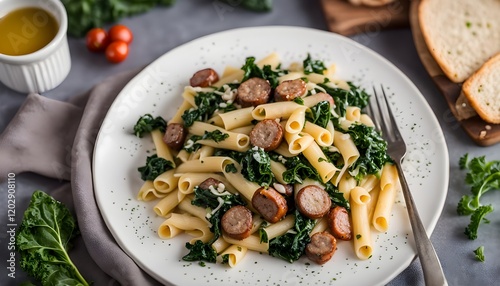 Homemade Kale and Sausage Caserecci Pasta with Cheese photo