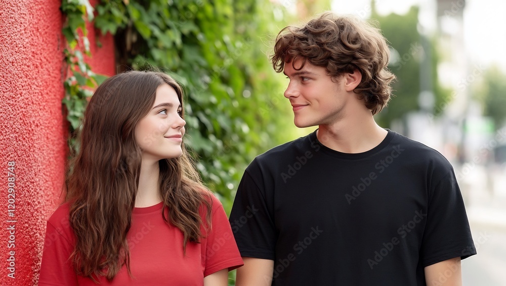 Young couple gazing, city street, ivy wall, romance Young couple gazing, city street, ivy wall, romance
