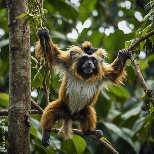 A tamarin monkey with golden fur swinging on a vine in the Amazon.