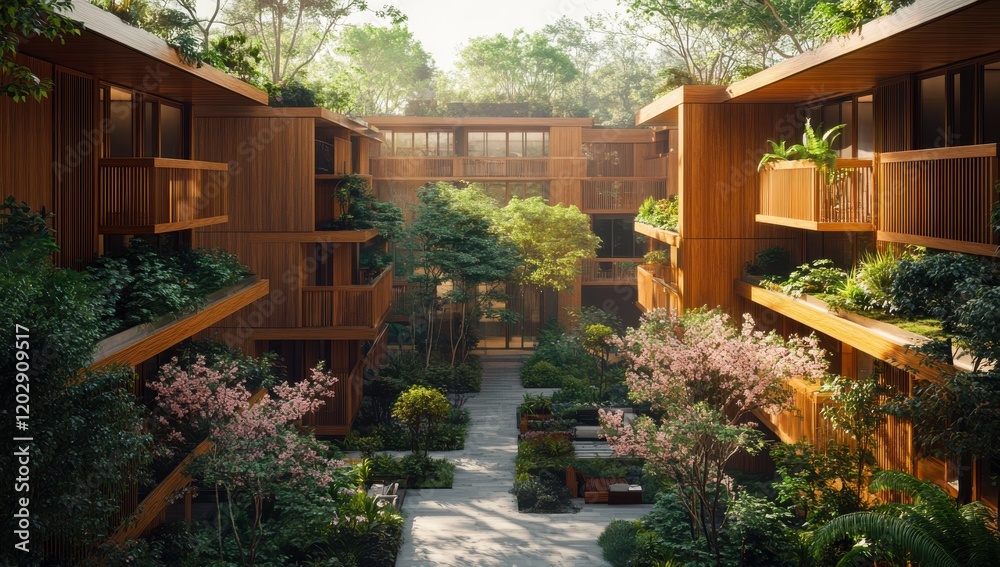 Fototapeta premium Serene Urban Oasis: Lush Greenery Surrounds Modern Architecture in Tranquil Courtyard with Flourishing Plants and Blossoming Trees for Peaceful Living Environment