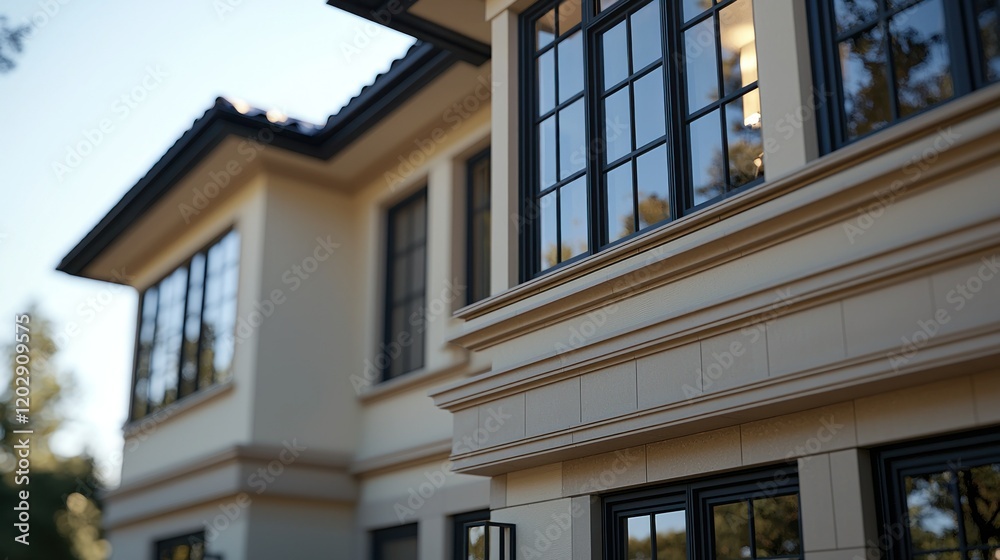 House exterior; windows, trees seen behind; architectural stock image House exterior; windows, trees seen behind; architectural stock image