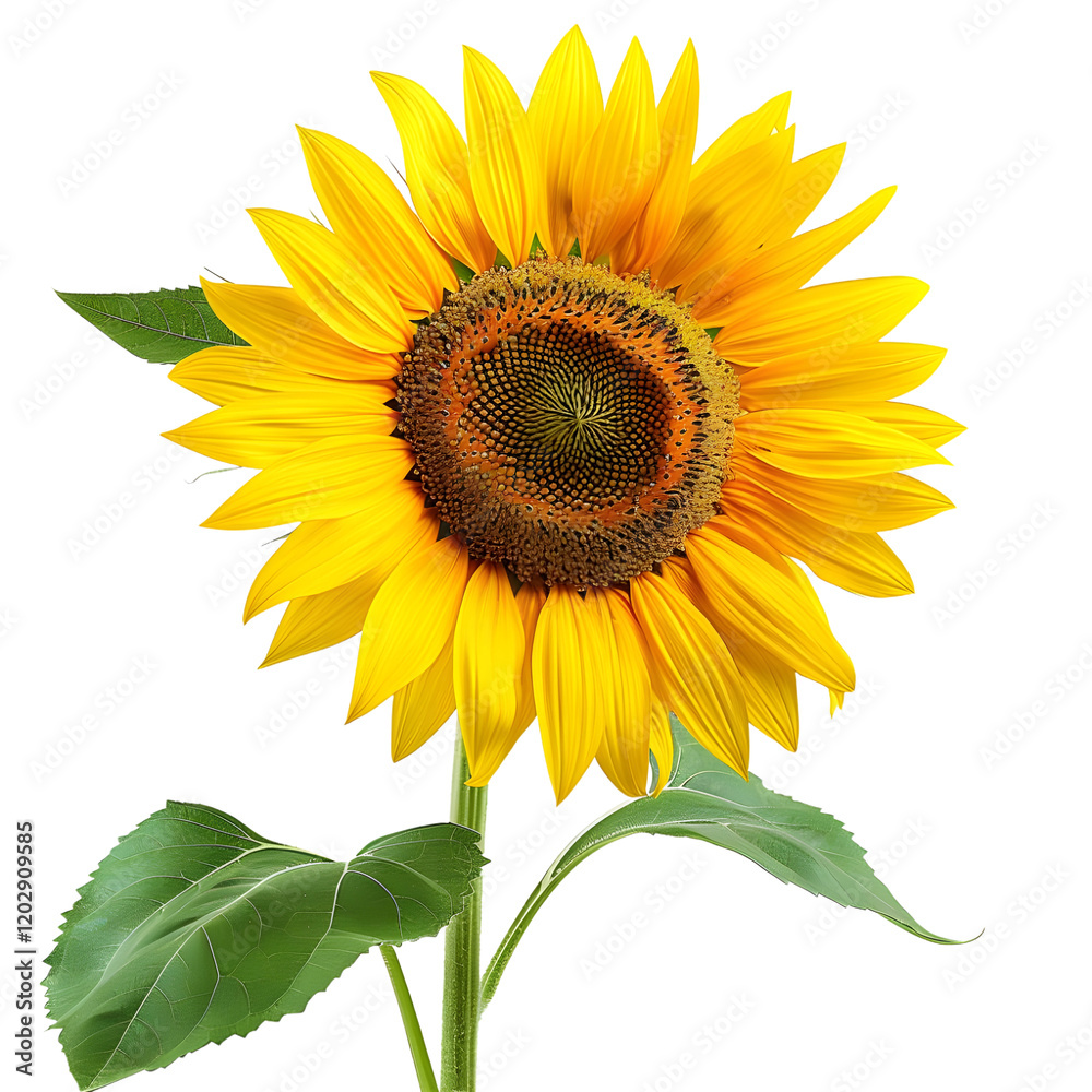 Obraz premium Yellow Sunflower with Green Leaves isolated on transparent background