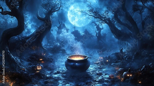 a cauld with candles in the middle of a forest photo