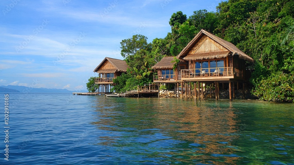 A luxurious eco-friendly resort with overwater bungalows surrounded by pristine waters, A luxurious eco-friendly resort with overwater bungalows surrounded by pristine waters,