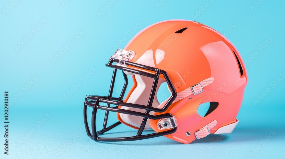 Fototapeta premium Bright Orange Football Helmet Isolated on Vibrant Blue Background