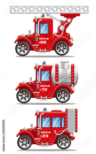 Set of vintage fire trucks. Side view. Isolated on white background. Vector illustration.