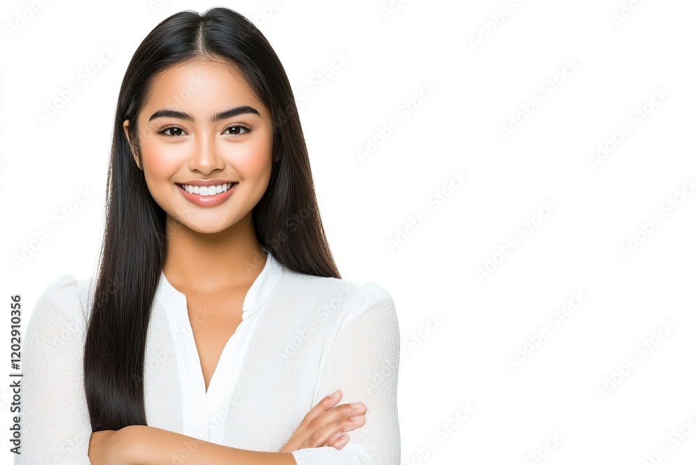 A smiling young woman with long hair, dressed in white, stands confidently with arms crossed. A smiling young woman with long hair, dressed in white, stands confidently with arms crossed.