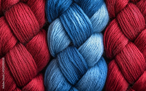 A closeup view of braided red and blue yarn, emphasizing the interwoven strands and soft, detailed texture, vibrant and highly realistic photo