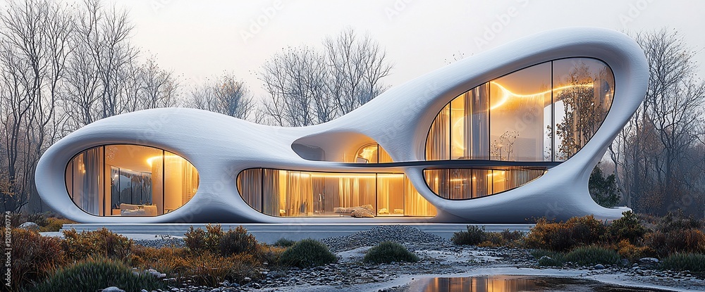 Fototapeta premium Modern futuristic house with flowing organic architecture in a serene landscape.