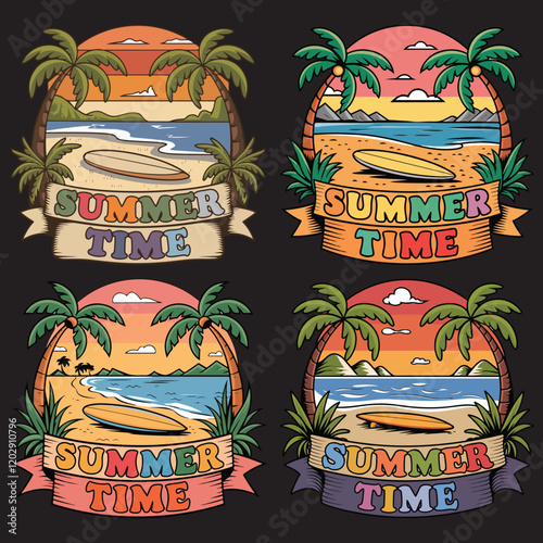 vector illustration of a beach scene with a surfboard on a sandy beach, palm trees, mountains, and a body of water in the background.