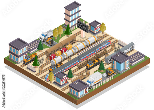 Railway station. Isometric. Isolated on a white background. Vector illustration.