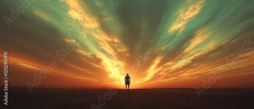 Silhouette of a lone cowboy on horseback, overlooking a textured and colorful horizon, majestic sky with dynamic cloud formations, cinematic ambiance
