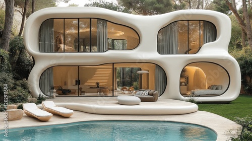 Modern organic villa, coastal setting, poolside view, luxurious interior visible.  Ideal for architecture magazines photo