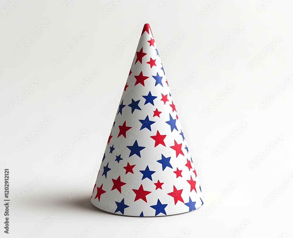3D isometric, realistic model of a cone party hat with a red, white, and blue color star pattern, 3D isometric, realistic model of a cone party hat with a red, white, and blue color star pattern,